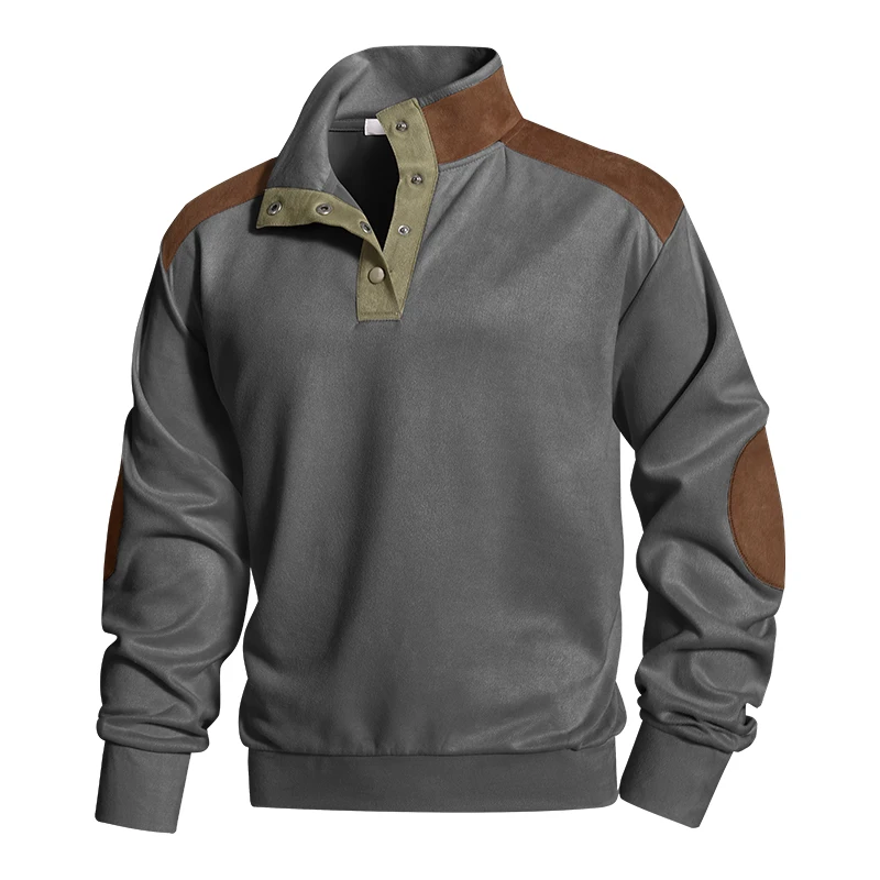 Men's Beige Suede-Like Pullover Half Placket Stand Collar Brown Contrast Patchwork Casual Retro Long Sleeve Top