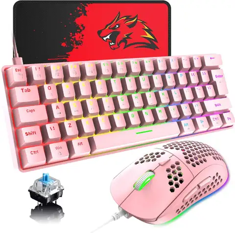 60% combinação de teclado e mouse para jogos Samll Mini RGB LED retroiluminação sensação mecânica e mouse óptico em favo de mel