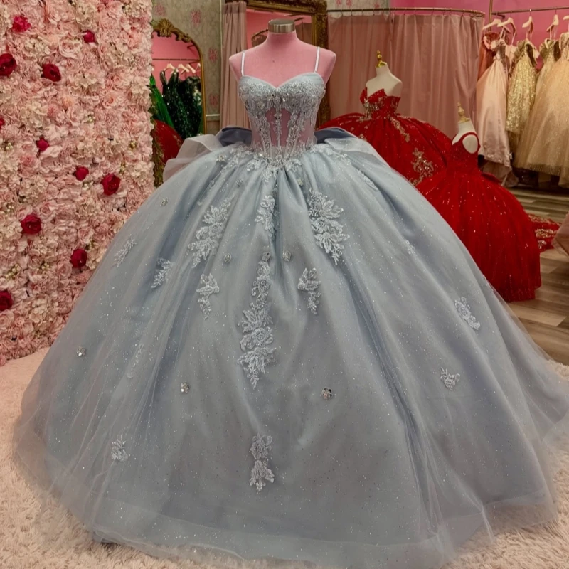 

Blue Shiny Quinceanera Dresses Ball Gown Off The Shoulder Applique Lace Beads Tull Party Birthday Sweet 16 Dress Vestidos 15 De