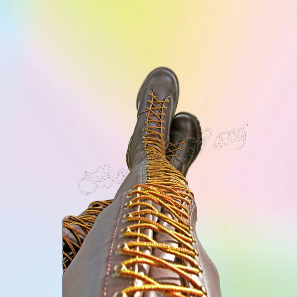 Preto amarelo frente cruz amarrado botas grandes dos homens coxa alta botas de cavaleiro sapatos de dedo do pé redondo para homens sapatos zapatos para hombres