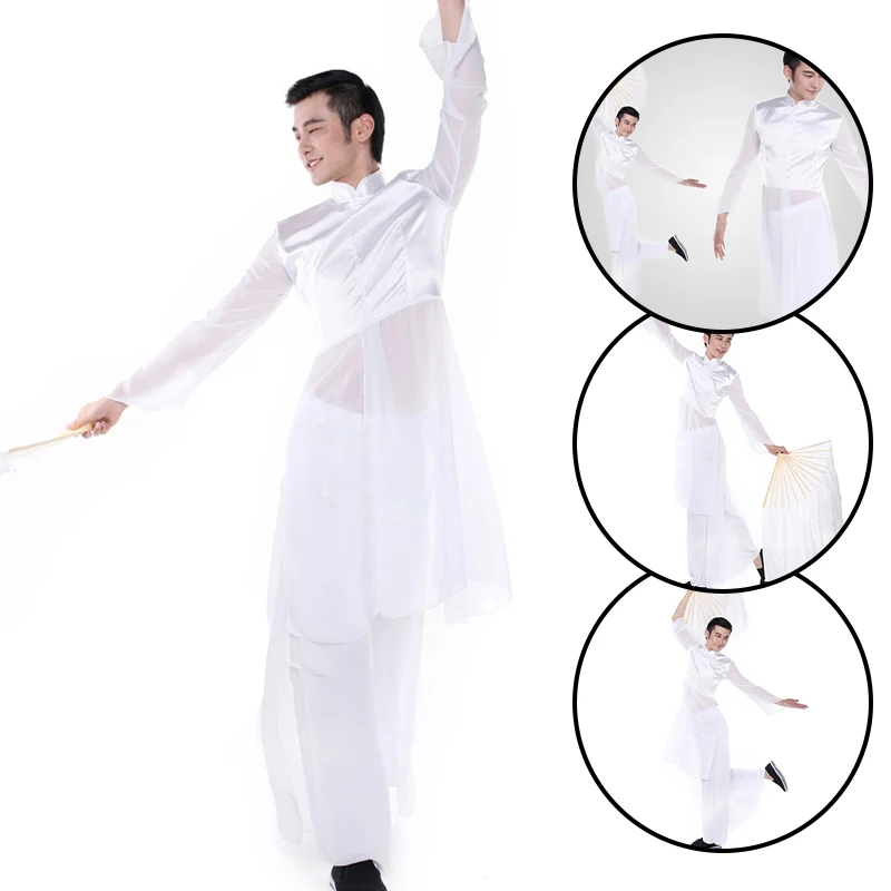 Mannen Klassieke Etnische Dans Uniform Kostuums Dansgewaad Met Opstaande Kraag Mesh Chiffontai Chi Kleding Kungfu Pak Kleding Nieuw