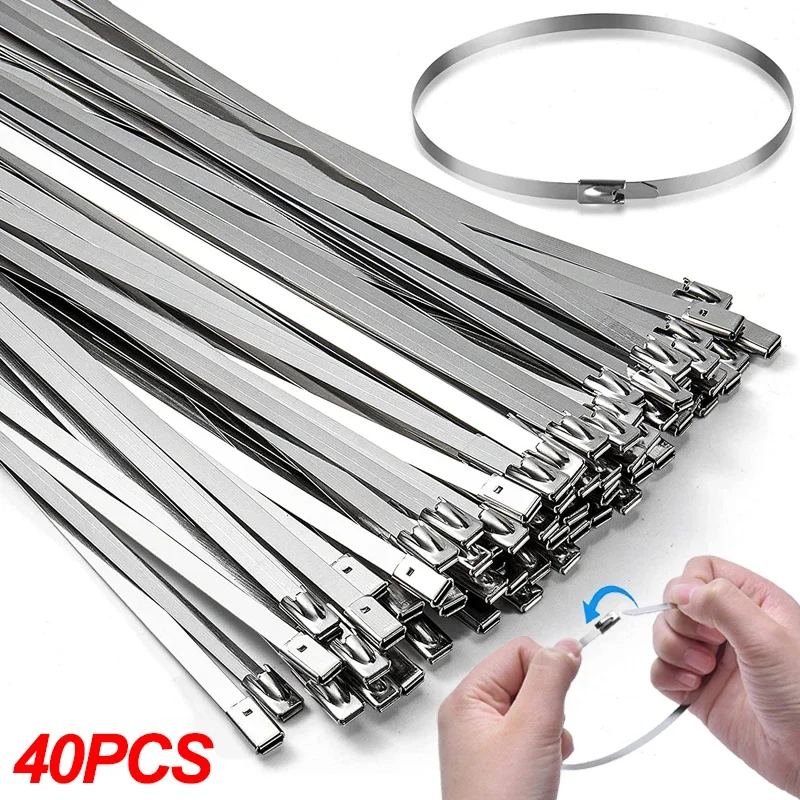 20/40Pcs Stainless Steel Self-locking Cable Ties Exhaust Wraps Coated Locking Heavy Duty Multi-Purpose Metal Cable Wire Zip Tie