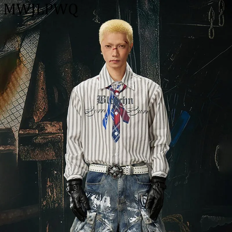 

MWJLPWQ Men's New Vertical Striped Tie Print Shirt High Street Loose Long-Sleeve Spring Tide Cotton Lapel Casual Tops 13520