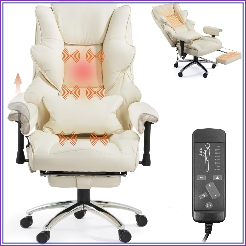 Vibration Massage Heated Office Desk Chair with Foot Rest, Beige