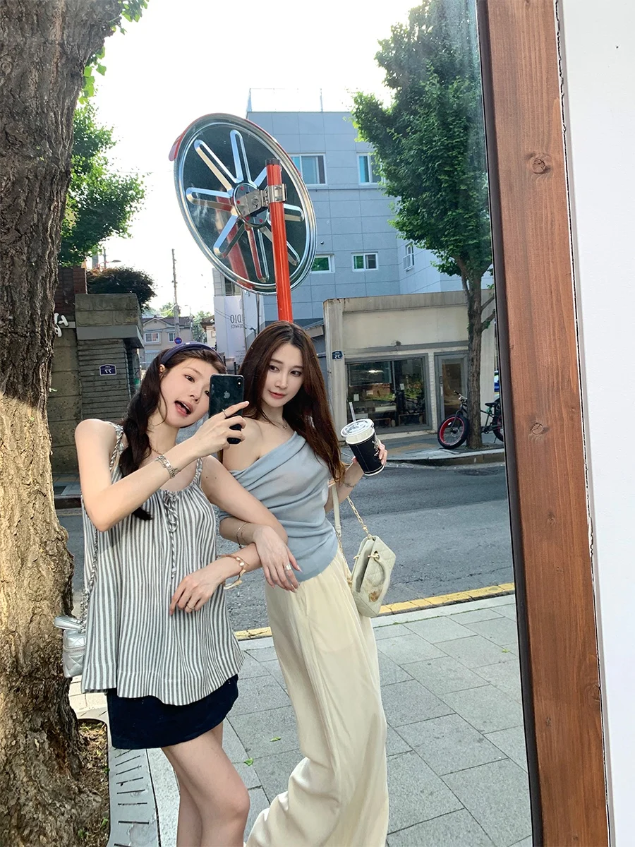 

CloudSweet, летняя повседневная свободная женская льняная полосатая верхняя одежда с бретельками и скользями, обычная тонкая верхняя одежда