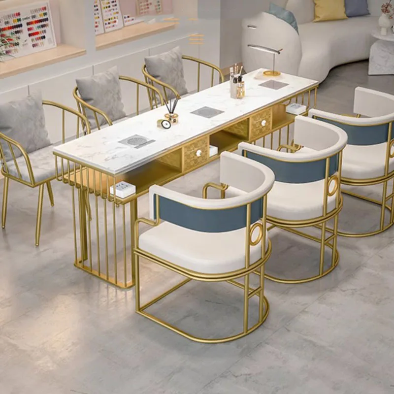 Gold Marble Nail Table Design Tech Customer Chair Nail Table Vacuum Cleaner Vanity Onglerie Professionnel Salon Furniture