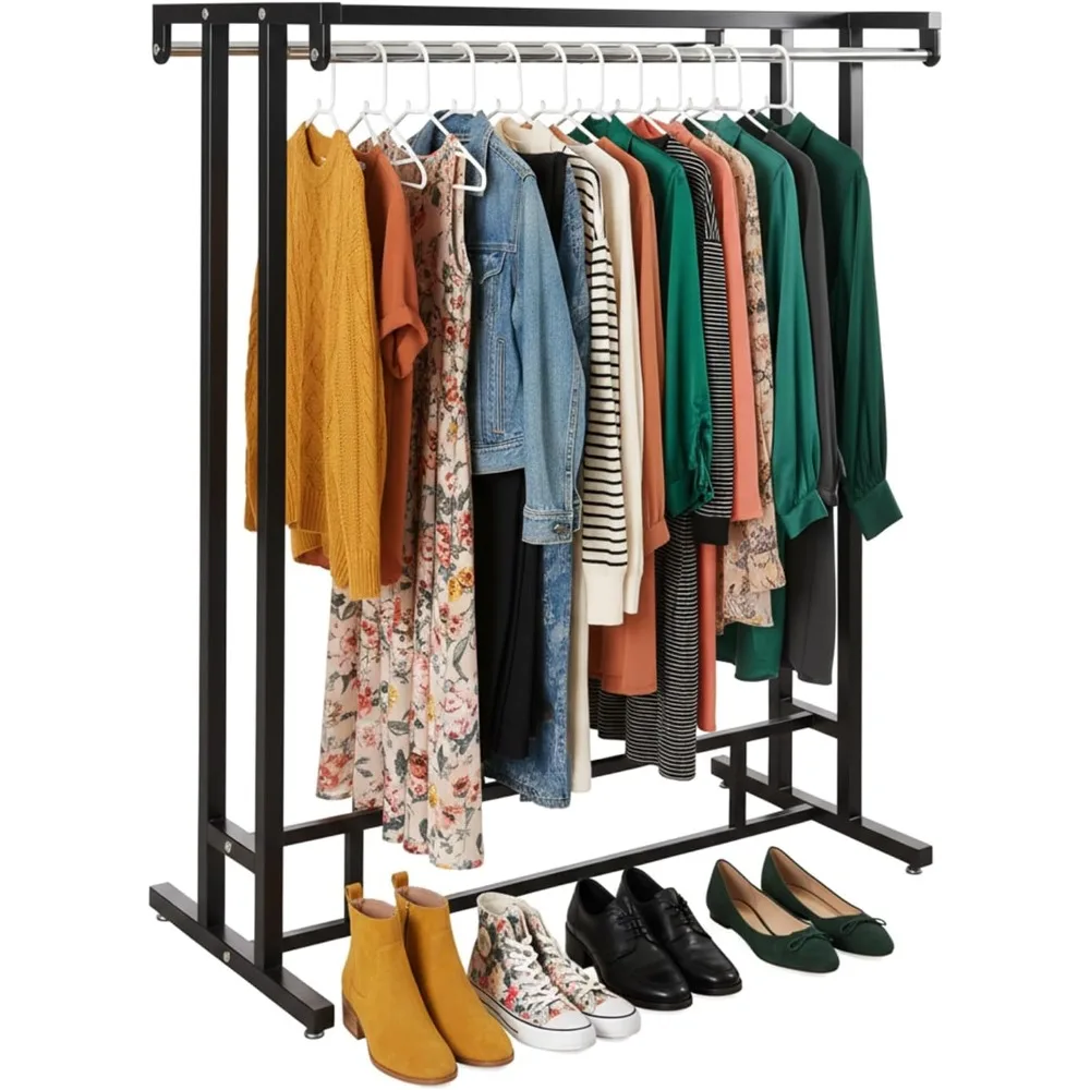 

Black Stainless Steel Freestanding Garment Rack, Heavy Duty Double Rod Clothes Rack Clothing Hanger Stand with Storage Di