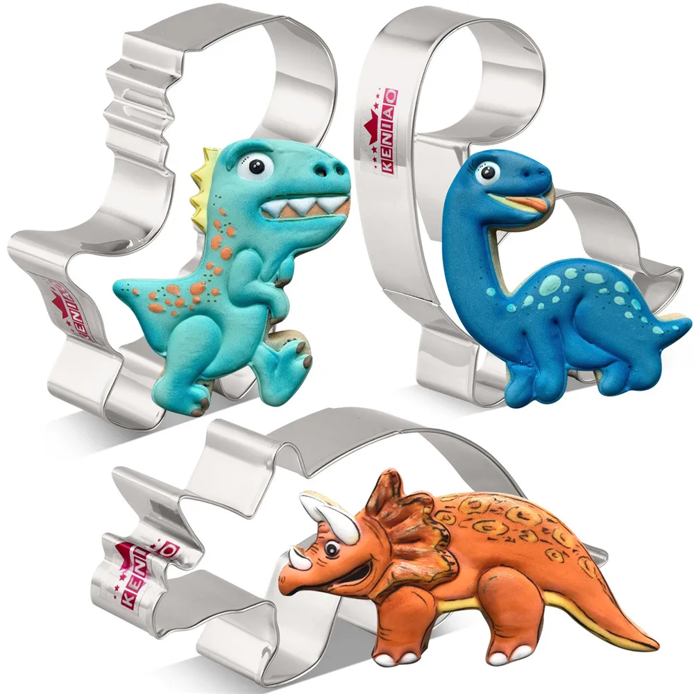 KENIAO Cute Dinosaur Cookie Cutter Set - 3PC - T-Rex Brontosaurus Triceratops Biscuit Fondant Bread Molds - Stainless Steel