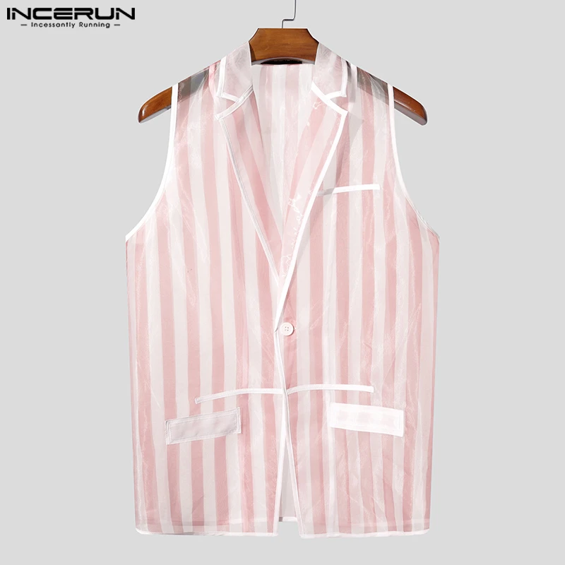 

INCERUN Men Vests Striped Mesh See Through Lapel Sleeveless Male Waistcoats Streetwear One Button Sexy Fashion Casual Vests Men