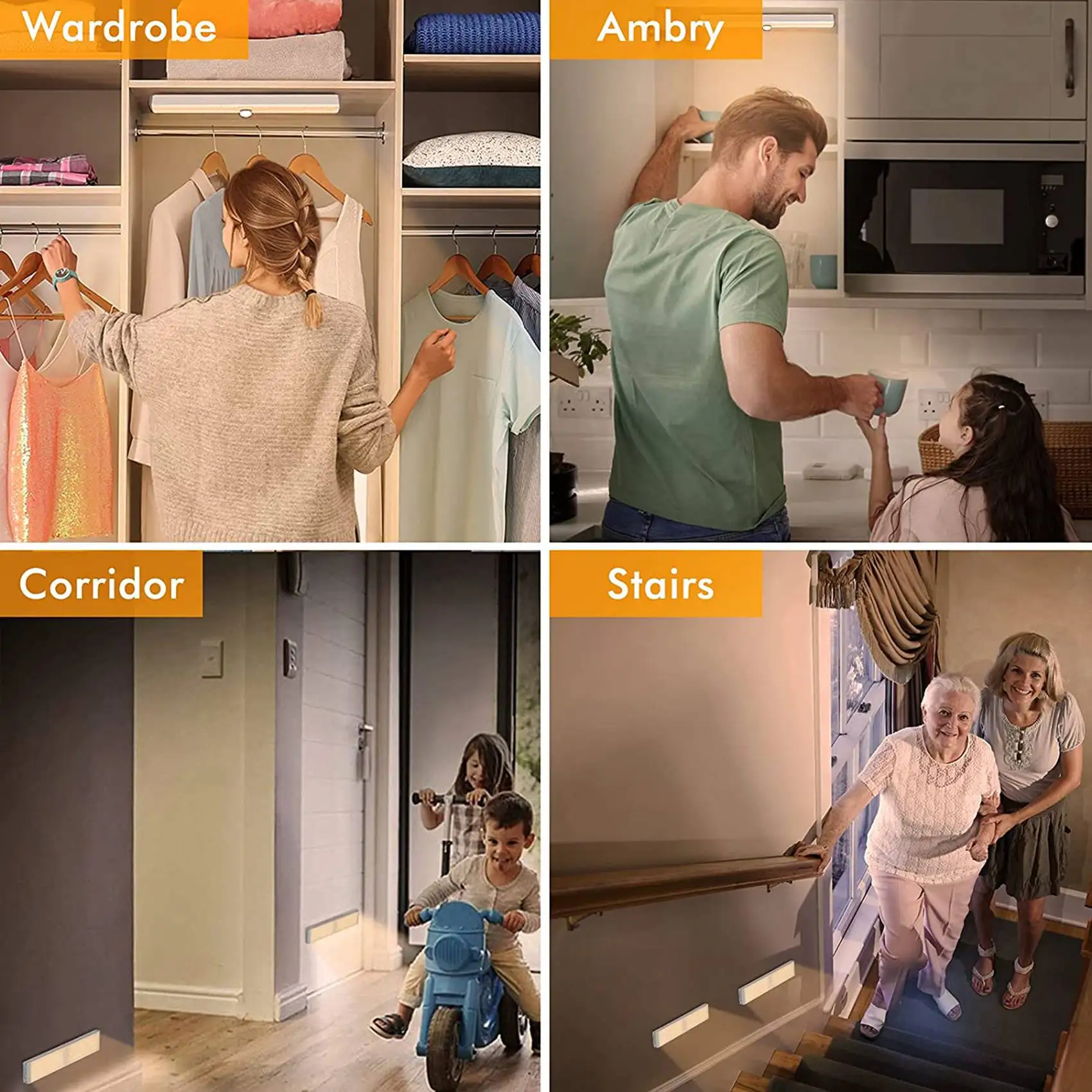 ABRN-LED Closet Light,60 LED Rechargeable Motion Sensor Closet Light Under Cabinet Light,For Wardrobe, Stairs, Bedroom,3 Pack