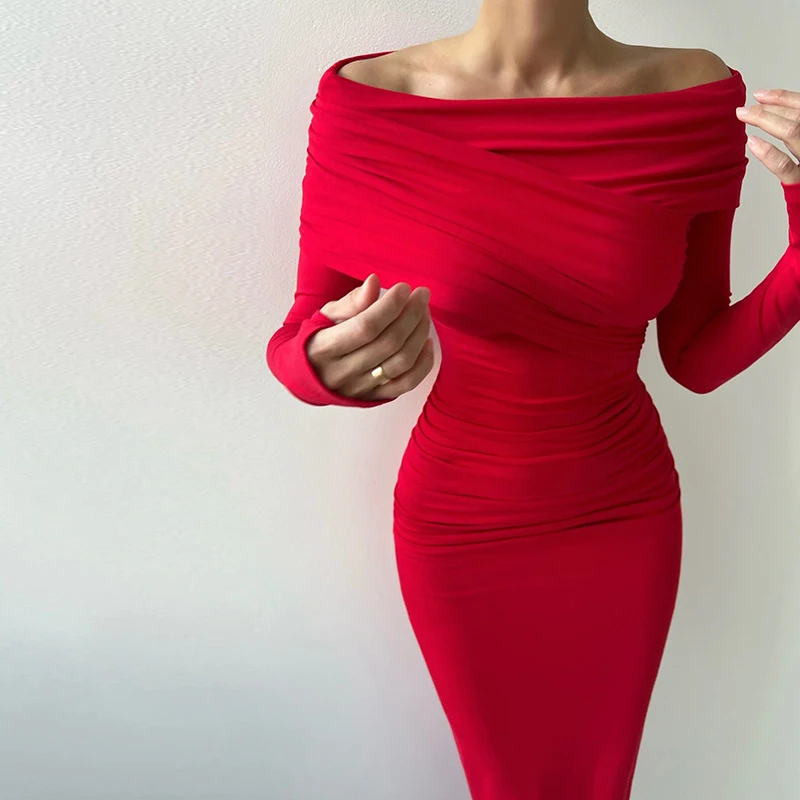 BKLD Temperamento Abito Rosso Femminile di Colore Solido Slash Neck Off-spalla Aderente a maniche lunghe Pacchetto Hip Midi Dress Clubwear