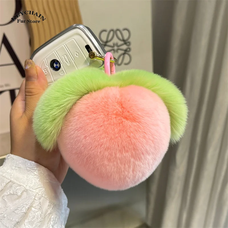 Cute Furry Peach Keychain Charms For Car Keys Fluffty Plush Fruit Keychain Soft Fur Pink Peach Pendants Keyring Bag Pendant