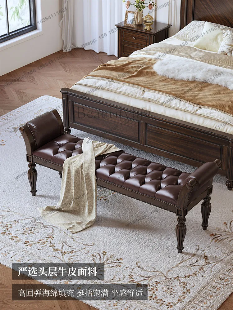American retro all solid wood bedside stool black walnut bench top layer cowhide