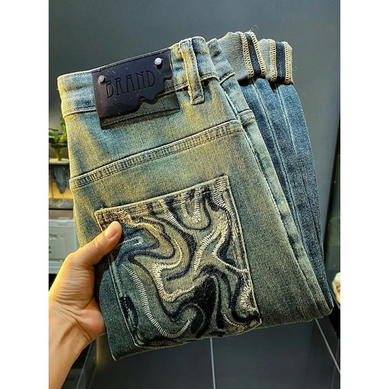 Celana Denim kasual pria, Jeans longgar nyaman regang lurus desain kelas atas Retro desain gradien musim gugur dan musim dingin