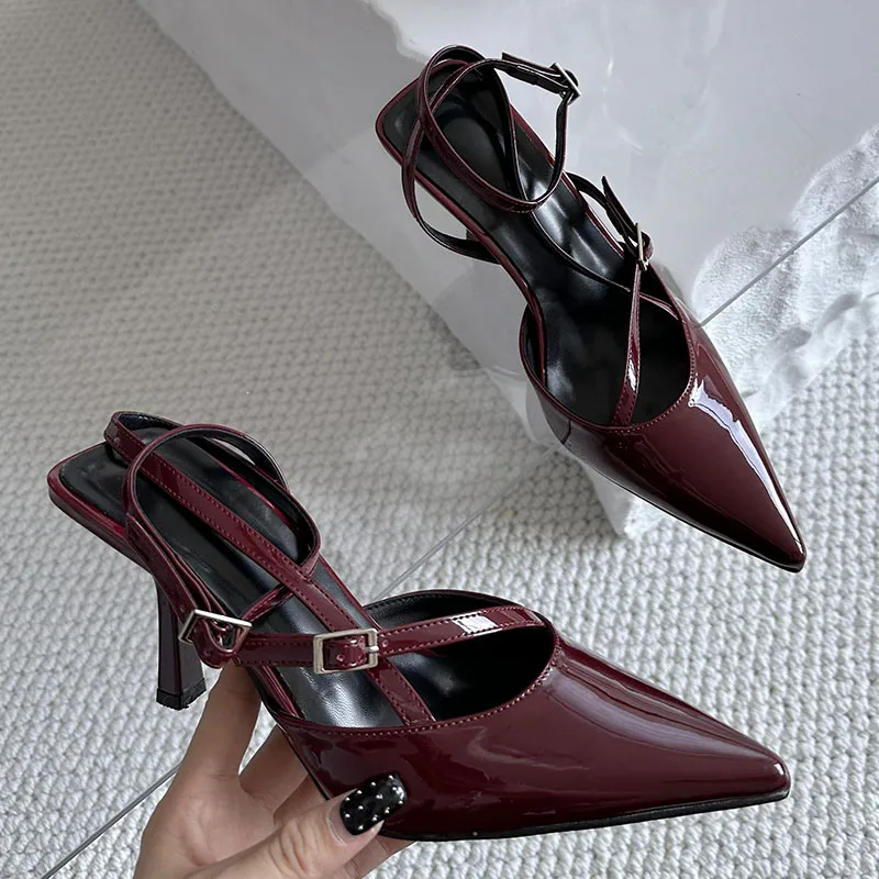 Buckle Strap Pointed Toe Woman Sandals Ankle Red Thin High Heels Designer Prom Shoes Zapatos Mujer New Ladies Party Mules Shoes