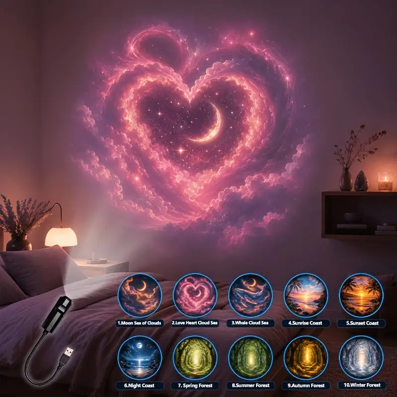 USB Healing Landscape Projector Night Light 10 Patterns Projection Lamp for Bedroom Teen Room Decor