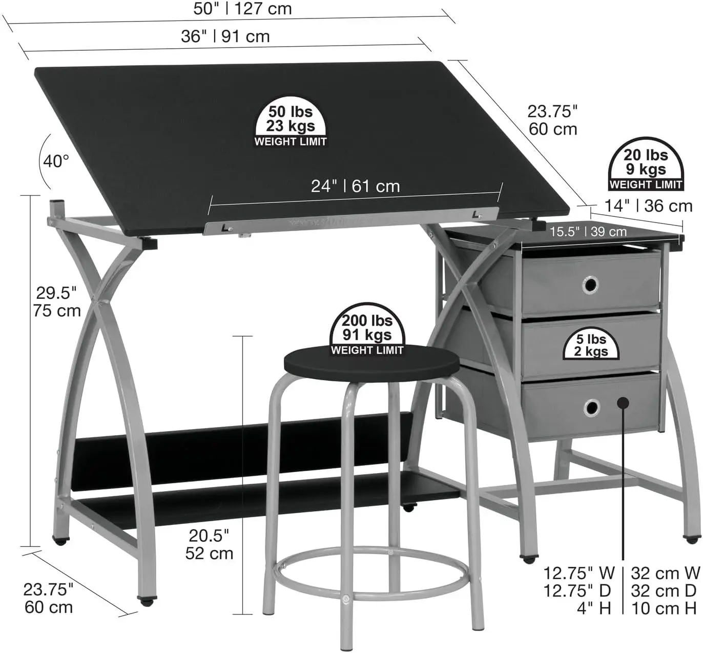 SD STUDIO DESIGNS-Juego de mesa para manualidades y taburete a juego con almacenamiento y tapa ajustable, Comet Center Plus, 2 piezas, 14 piezas