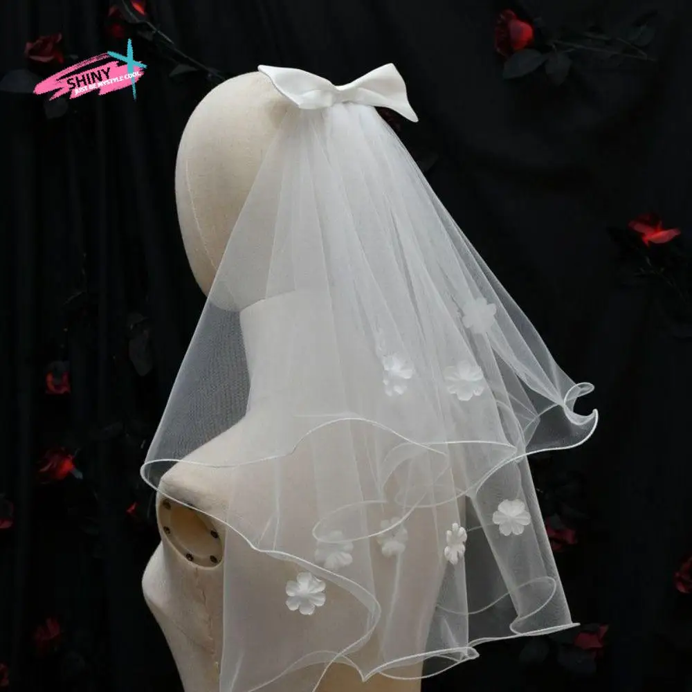 Sweet Flower Bridal Veil Pearl Ribbon Bride Head Gauze Bow Double Layer Marry Veil Bride Accessories