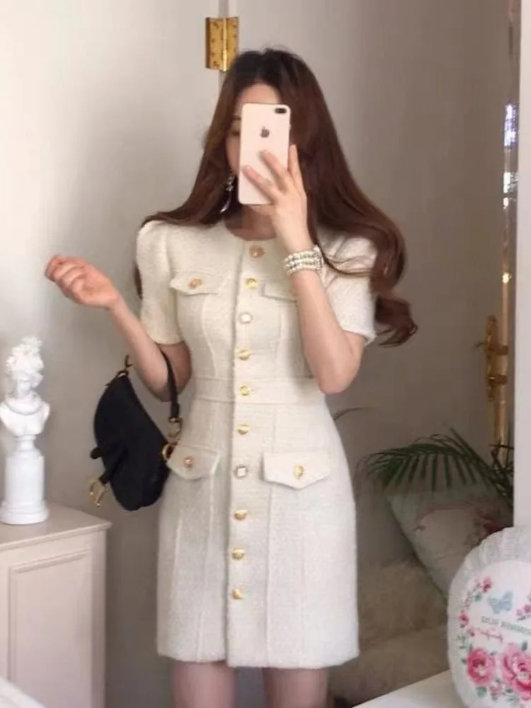 

Chic round Ne ort Sve Woolen Dr Women's Slim Fit Bodycon Skirt Sle Faionable Metal Bule Design Spring Autumn