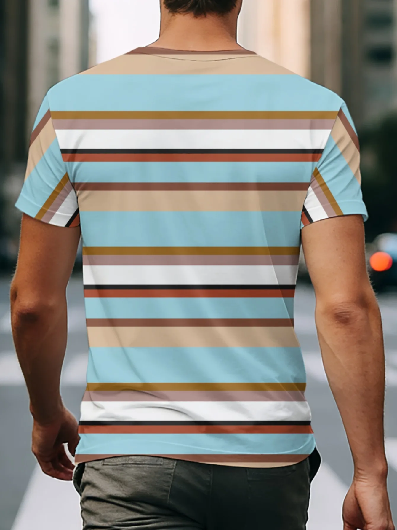 Men Mesh Sports T‑Shirt Retro Tone Stripe O‑Neck Short Sleeve Summer Slim Casual Street Top