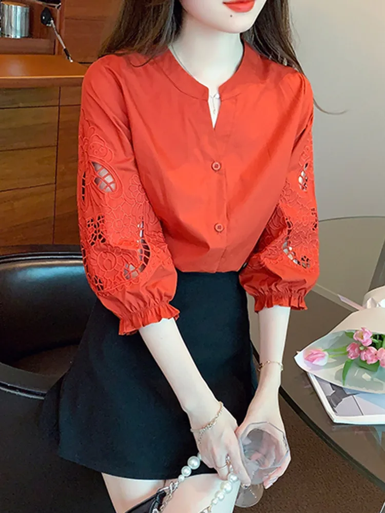 SMTHMA 2024 New Fashion Summer Embroidered Hollow Out Cotton Shirt For Women Sweet Design Stand Neck Top