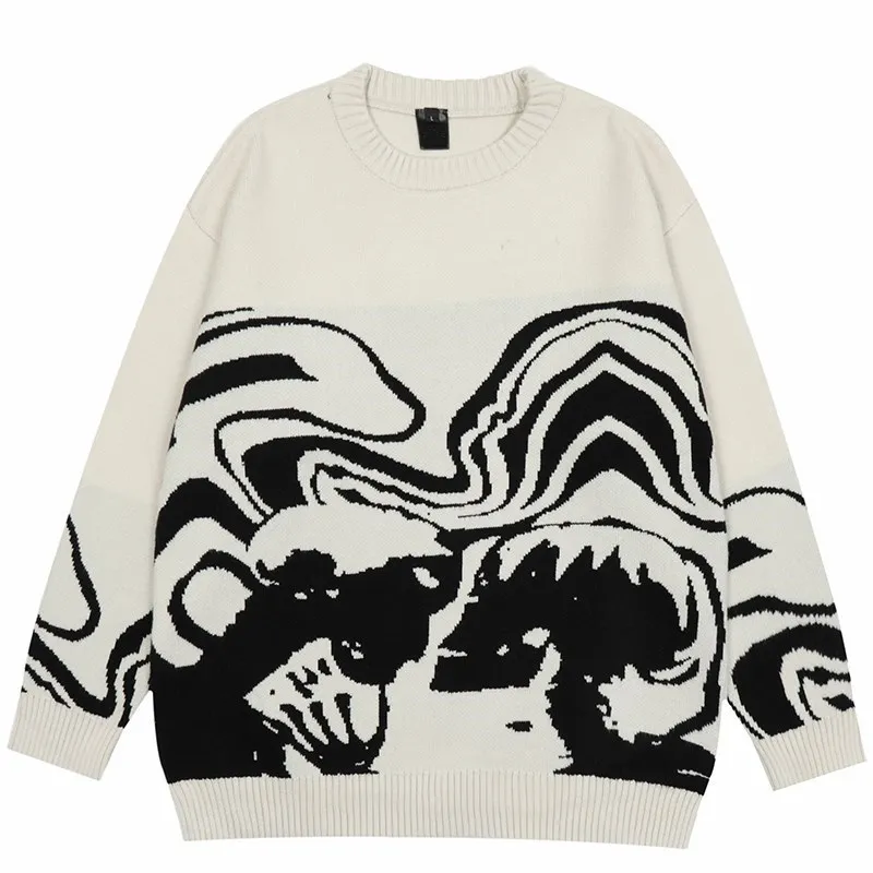 Y2K sweater loose pullover in autumn slim hip-hop street knitted black-and-white homemade head