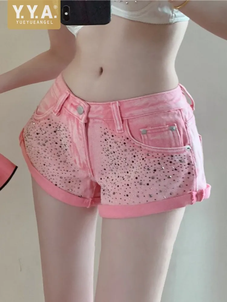 

High Street Casual Vintage Women Denim Shorts New Summer Solid Color High Waist Button Fashion Sexy Diamonds Mini Shorts Female