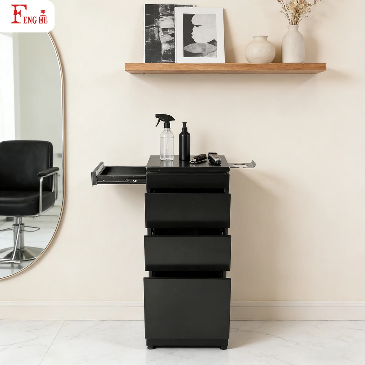 Wholesale W-X440 Salon Cabinet with Hidden Storage Tray 3 Wooden Drawers for Hair Salon Barber Shop