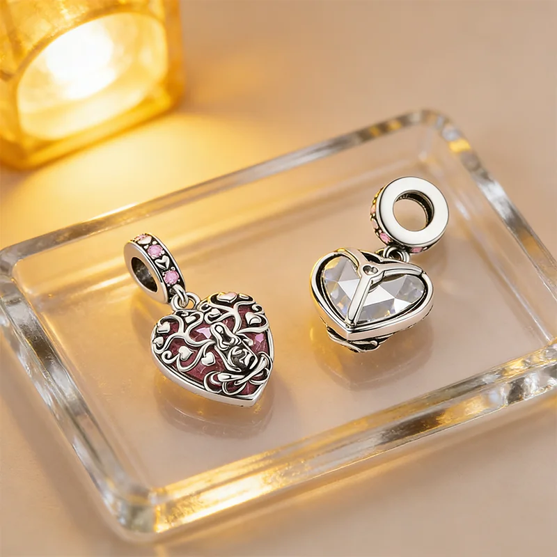925 Silver Pink Zircon Heart-shaped Charms Mother Earth Beads Pendant Fit DIY Original Bracelet Necklace Fine Gift for Mother
