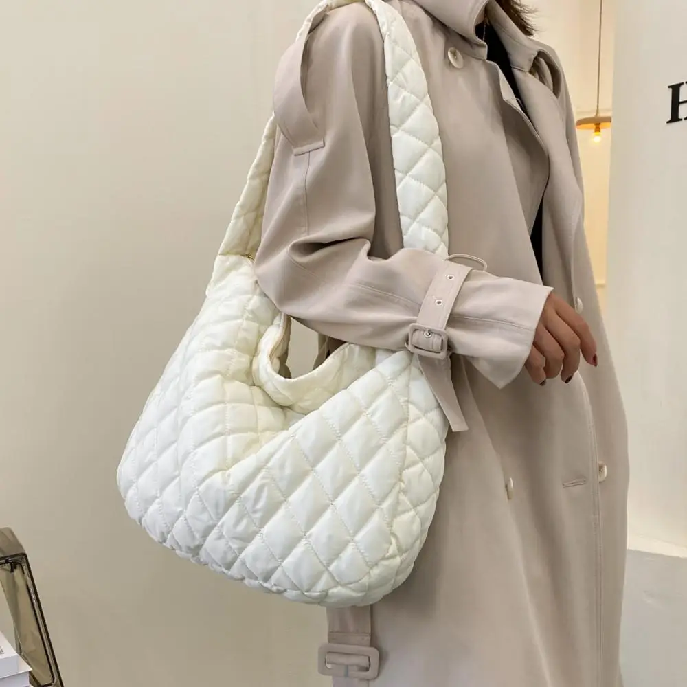 Down Cotton Puffy Handbag Padded Plaid Underarm Bags Large Capacity Quilted Tote Bag Lightweight Winter Warm Shoulder Bags Women