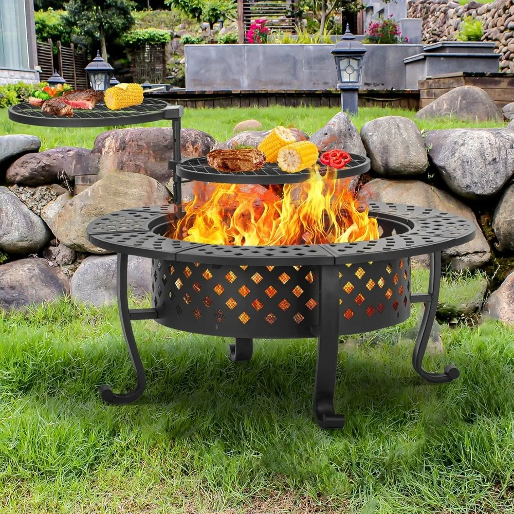 42 Inch Fire Pit with 2 BBQ Grills, Wood Burning Fire Pits for Outside with Lid & Fire Poker, BBQ& Outdoor Firepit & Round Metal