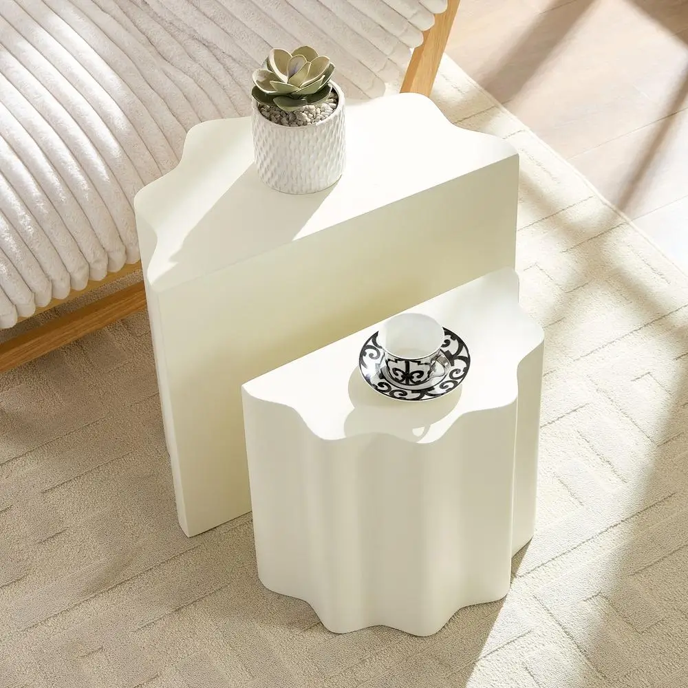 

2PCS Fiberglass Side End Table Modern Wavy Edge Coffee Table for Living Room Bedroom Apartment No Assembly