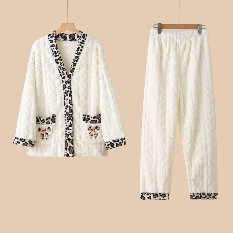 Winter Warm Women's Pajamas Set Double-sided Coral Fleece Leopard Print V-neck Cardigan Striped Jacquard Trousers Home Wear Set