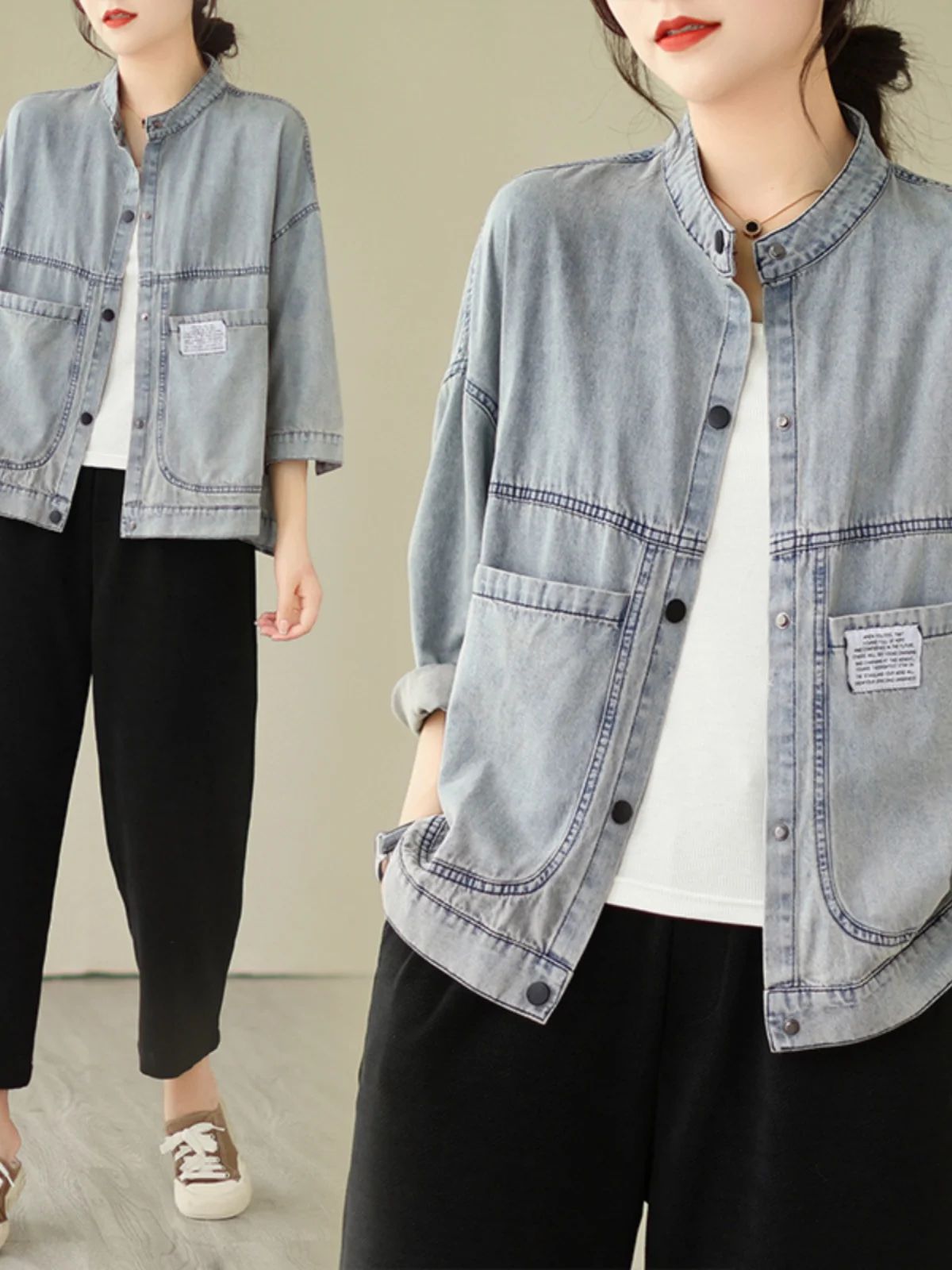 Women's Denim Jacket Spring Autumn Loose Fit Washed Retro Stand Collar Patchwork Label Workwear Style Pure Color Button Closure