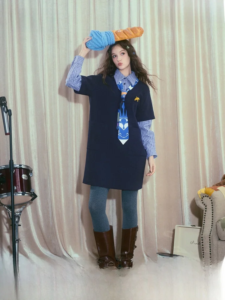 

Новинка: Зимнее платье с художественным принтом, вышивкой и лоскутным шитьем, имитация двух частей, с длинными рукавами, повседневное, свободного кроя