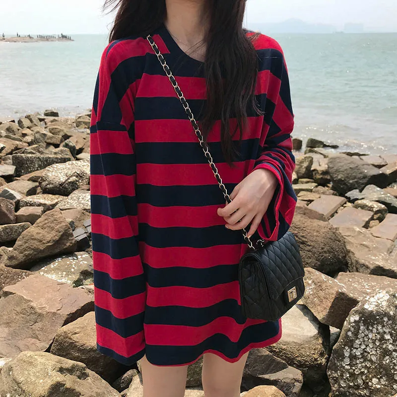 Striped Shirt Streetwear Harajuku Couple Tops Female Long Sleeve Gothic Shirts Spring Woman T-shirt Vintage Blouse Tops