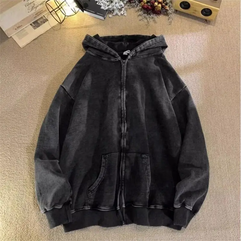 European and American high street retro letter washed cardigan zipper hooded fleece sweatshirt for men and women couple jacket