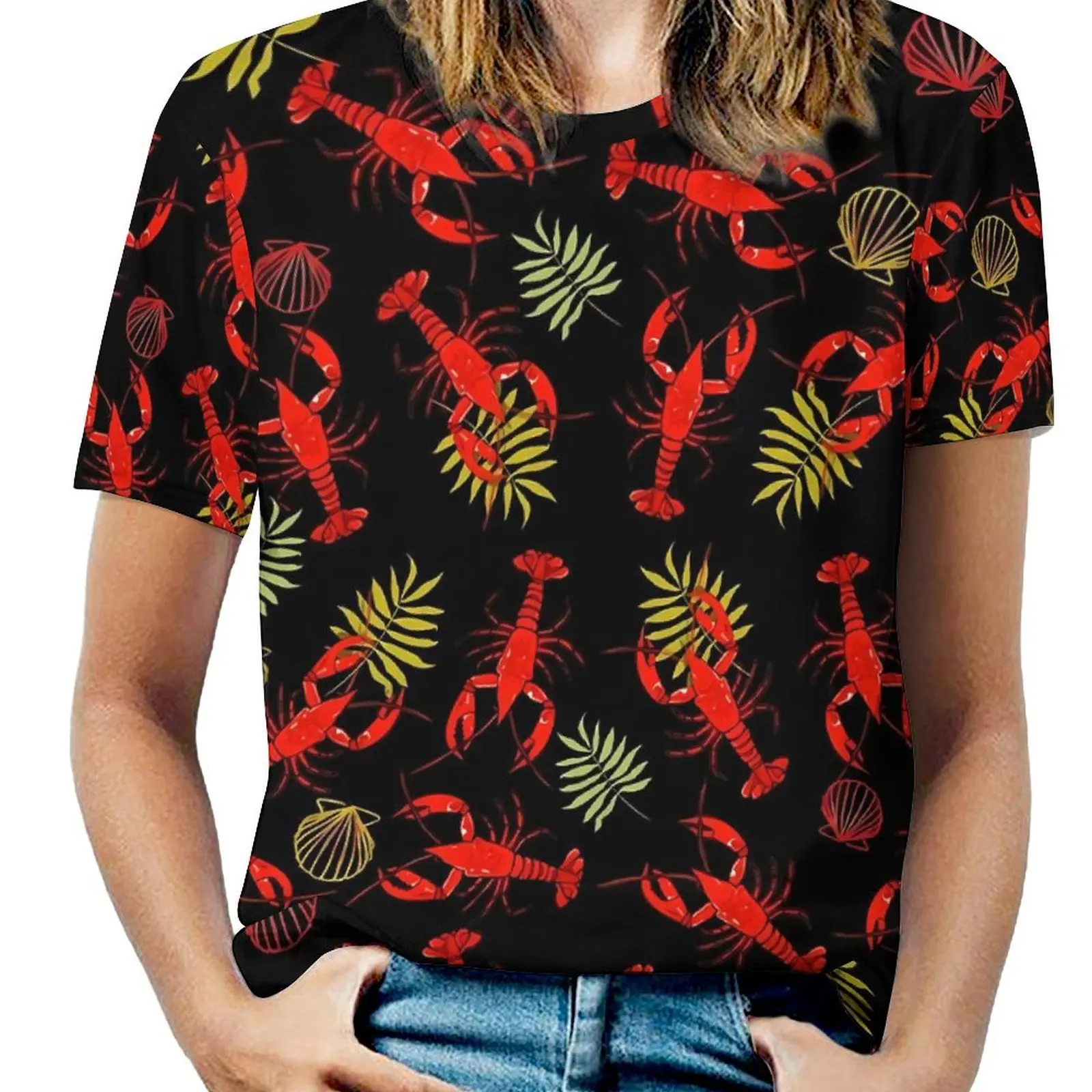 Female T Shirt Red Lobsters O Neck T-Shirts Short Sleeve Catch Of The Day Vintage Printed Tops Casual Top Tees 4XL 5XL 6XL