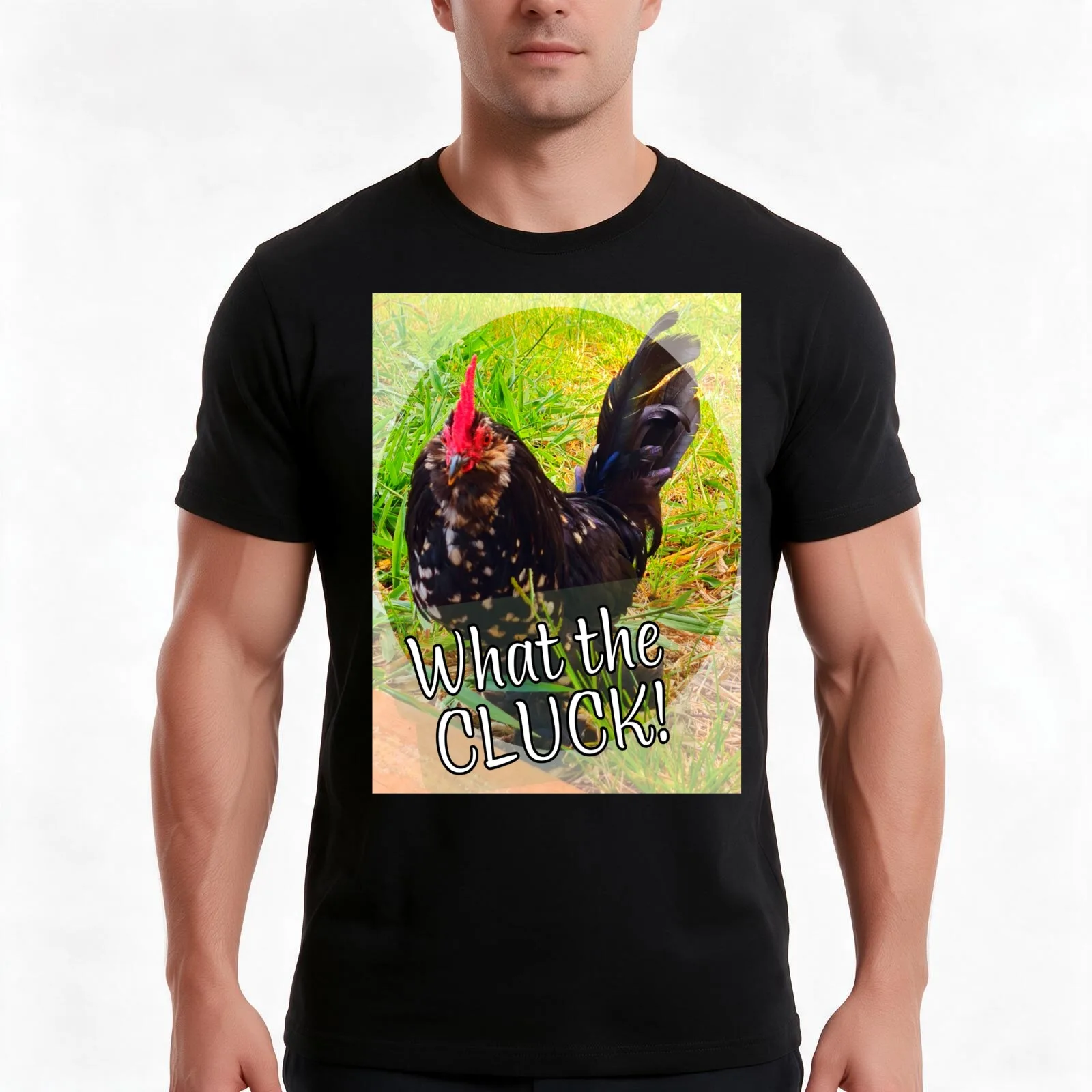 Chicken. D'uccle rooster. What the cluck! Photo T-Shirt, Summer Casual Cotton Tee, Oversized Streetwear Tops, Unisex Men Women