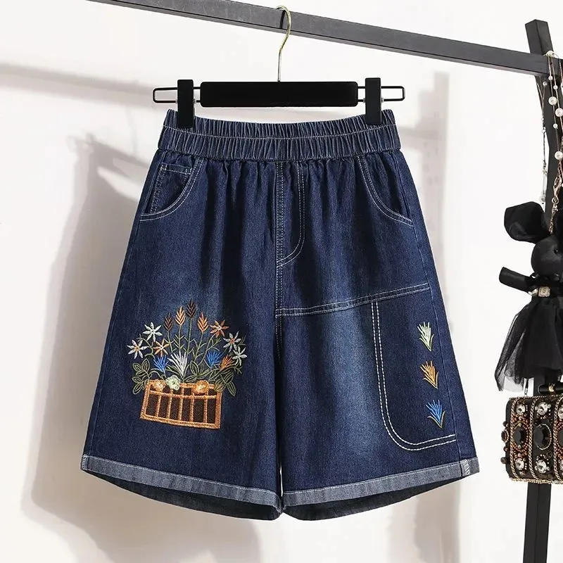 レディース ダークウォッシュ デニム ショートパンツ ウエストゴム 花柄 バスケット刺繍 カジュアル デイリー サマーショートパンツ