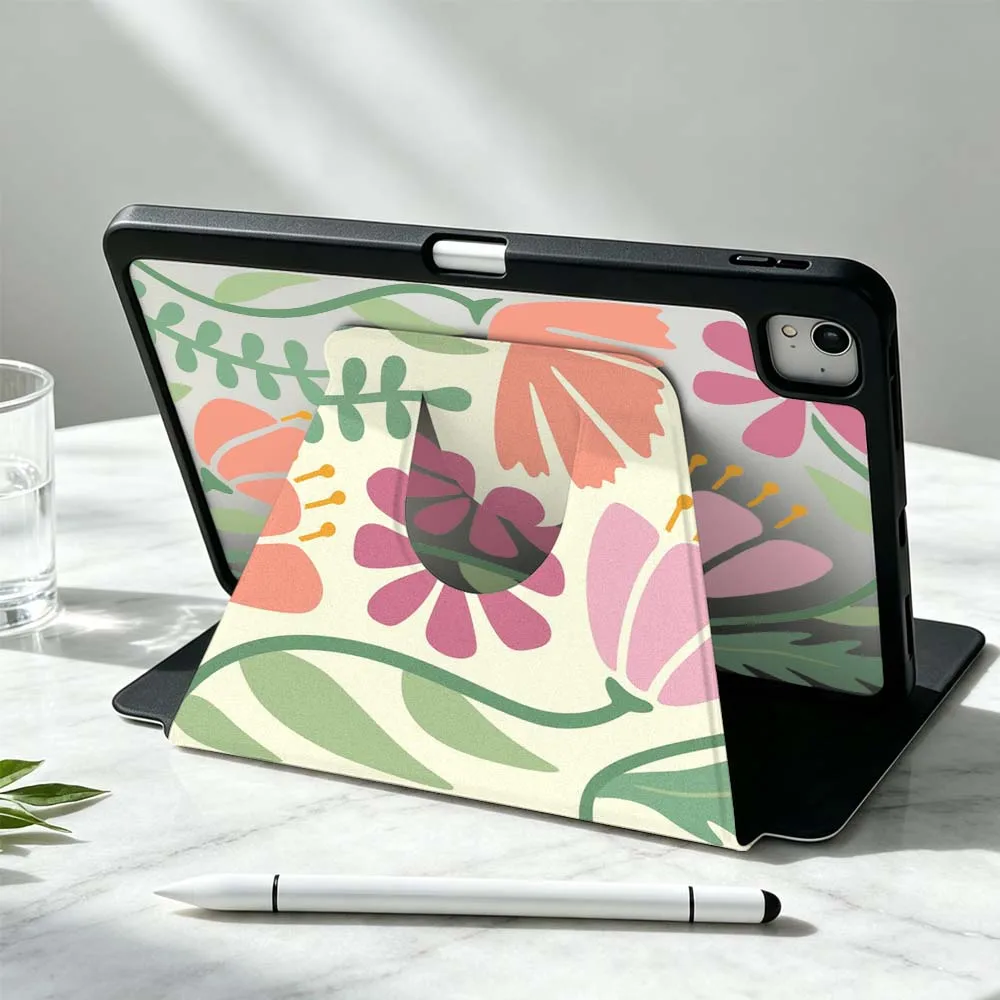 Cartoon Flowers For iPad Pro Air mini 6 5 4 12th M5 M4 M3 M2 A16 A17Pro 360° Rotation Stylus Storage Tablet Case