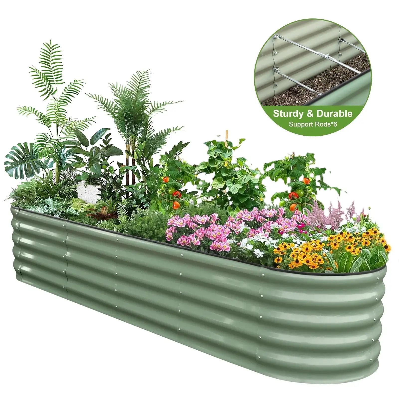 Jardinera Elevada Ovalada de Metal Verde Oliva, 8x2x17 Pulgadas, Resistente al Óxido, para Exteriores, con 6 Barras de Soporte