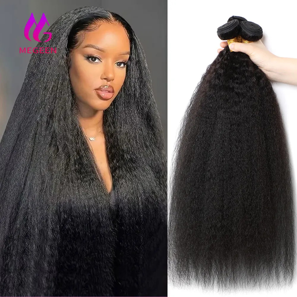 

Megeen 32 дюйма натуральные перуанские Remy курчавые прямые Yaki прямые 100% человеческие волосы для наращивания