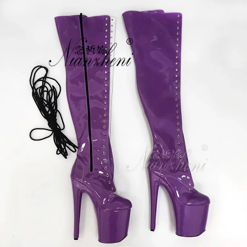 

Purple Real photos Exotic 8inches High Heels over the knee Boots Long 20cm Pole Dance Motorcycle Lace Up platform Stripper Sexy