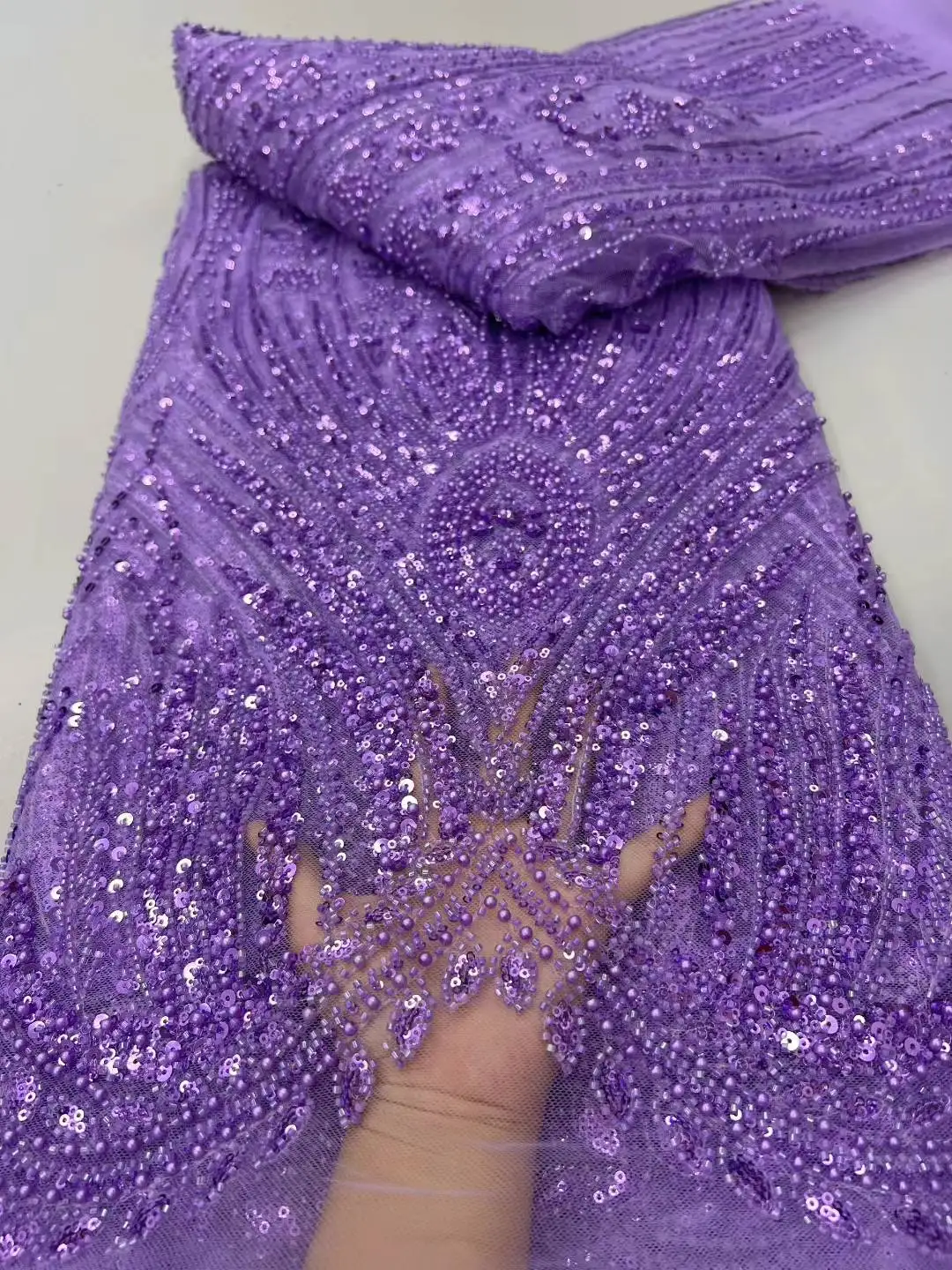 Africano frisado de alta qualidade lantejoulas nigerianas com renda pérola tecido renda tule francês para vestido festa costura