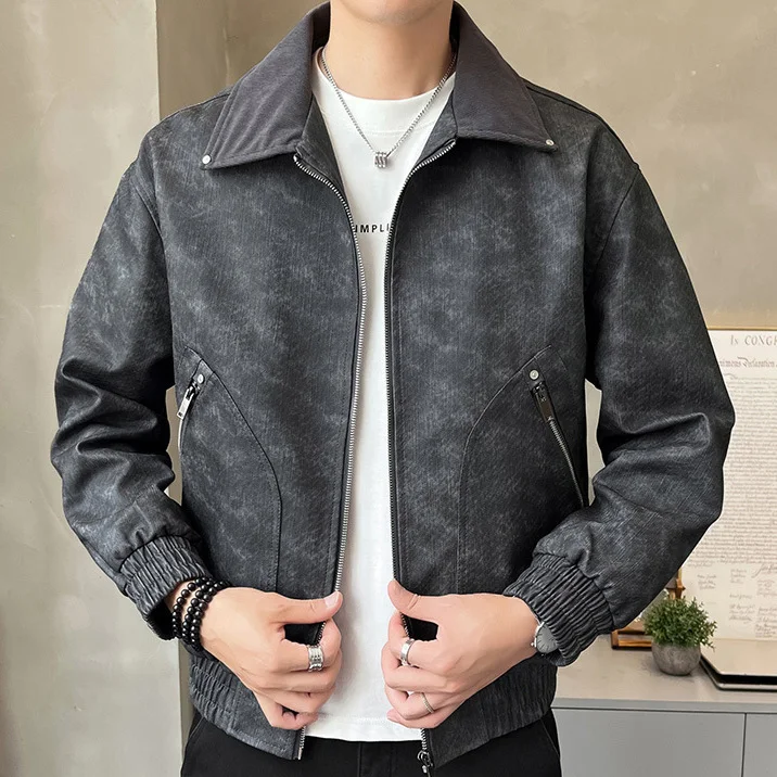 

Осенняя мужская кожаная куртка в американском стиле ретро с леопардовым принтом, мужская верхняя одежда с отложным воротником, длинным рукавом, карманом на молнии, мужское пальто