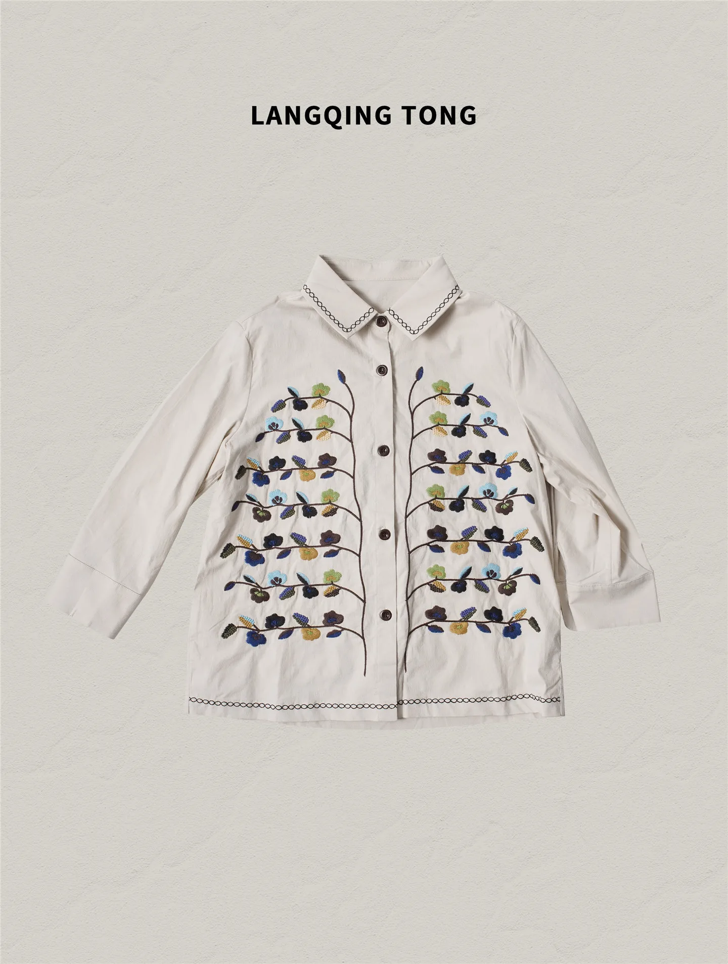 

Повседневная женская рубашка с длинным рукавом и вышивкой, свободного кроя, универсальная, для работы и отдыха, весна 2026, желто-бежевая, от LANGQING TONG