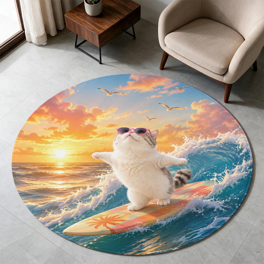Cute Fluffy Cat Surfing Beach Mat Round Area Rug Tropical Sunset Ocean Scene Pet Lover Gift