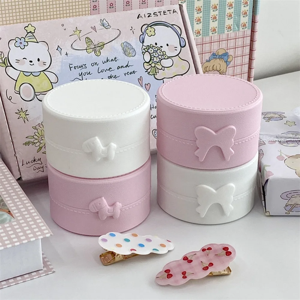 Portable Cute Cartoon Ring Earrings Box Dustproof Bow Pony Hairpins Storage Box Hair Accessories Round Display Box