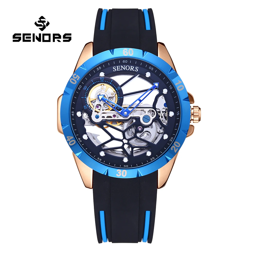 SENORS SN327 Men`s Watch Automatic Mechanical Watches Men Skeleton Tourbillon Sapphire Glass Clock Full Hollow Series Wristwatch